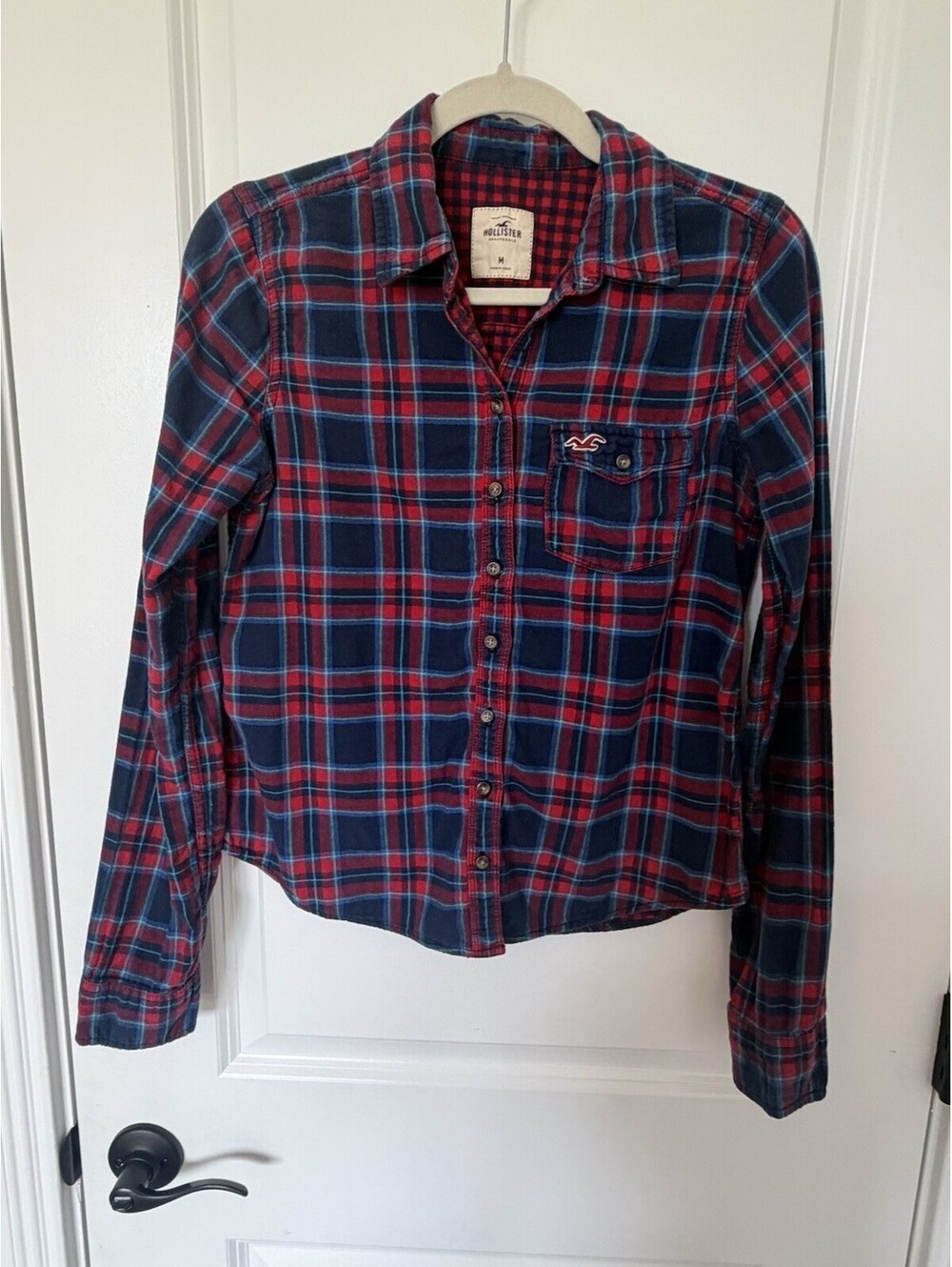 Hollister Shirt Women Med Navy Red Plaid Flannel Button Down Long Sleeve